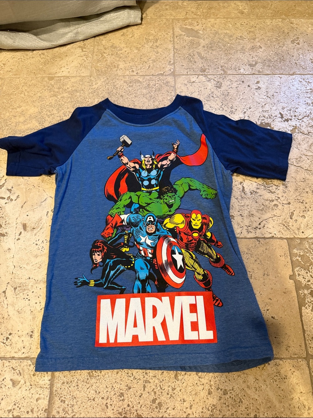 Marvel Blue Raglan Superhero Graphic Tee with Multicolor Avengers